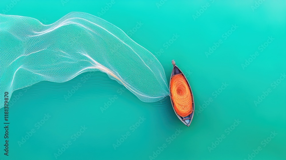 Aufkleber an aerial view of a fishing net cast wide in turquoise waters, creating intricate patterns against t