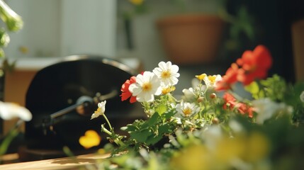 Vibrant Spring Flowers in Bloom Near Vintage Record Player