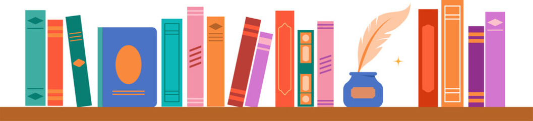 Colorful bookshelf with inkwell and quill © Marina Zlochin