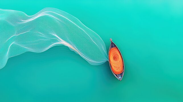 An aerial view of a fishing net cast wide in turquoise waters, creating intricate patterns against the vibrant blue backdrop of the ocean.