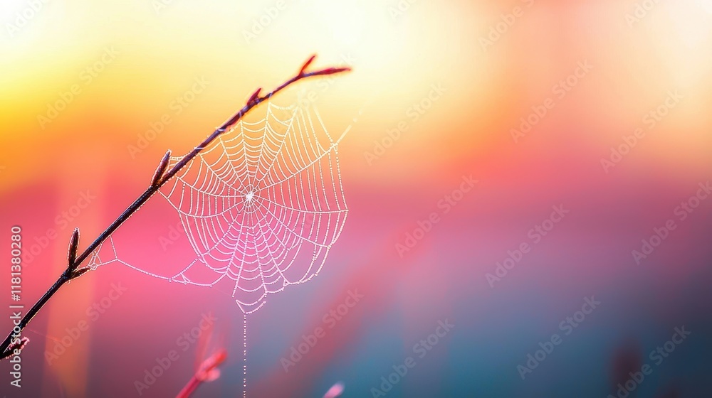 Poster a backlit spider web against a colorful sunset sky, creating a silhouette of the web and showcasing 