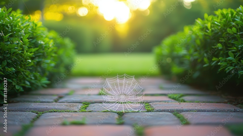 Aufkleber a spider web spun across a pathway in a garden, with a single strand catching the light and drawing 