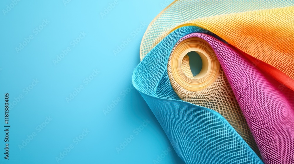 Poster a roll of colorful netting fabric unfurling, showcasing its texture, patterns, and versatility for v