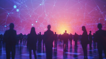 Group, people and crowd connected to wifi internet, big data and smart city. Silhouette, businesspeople and public network lines for communication, futuristic connection and marketing, Generative AI