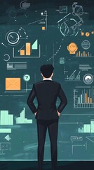 A man in a black suit is standing and thinking about his business plan, surrounded by various charts, graphs, and icons representing marketing concepts