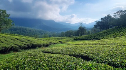Serene Tea Plantation Landscape Under a Cloudy Sky
