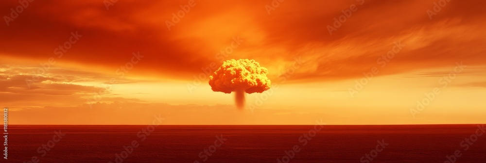 Poster mushroom cloud rising over ocean at sunset from nuclear explosion, creating dramatic and devastating