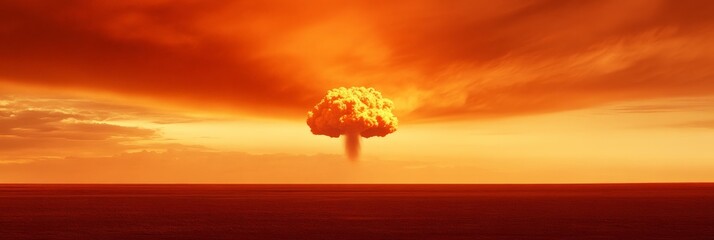 Mushroom cloud rising over ocean at sunset from nuclear explosion, creating dramatic and devastating scene of destruction and environmental catastrophe