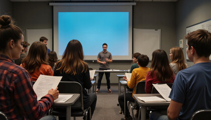 Instructor presenting to engaged students in classroom setting