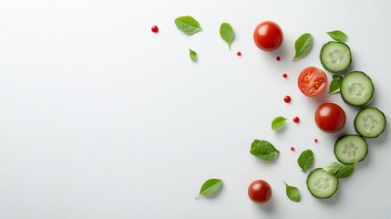 Fototapeta premium A dew kissed assortment of leafy greens, ripe tomatoes, and crisp cucumbers arranged on a white tablecloth, evoking freshness and vitality.