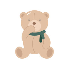 Сute teddy bear with scarf . Isolated on white background. For card, posters, stickers, banners, printing on the pack, printing on clothes, fabric, wallpaper.