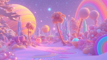 Whimsical pastel landscape with rainbow, planets, and surreal flora.