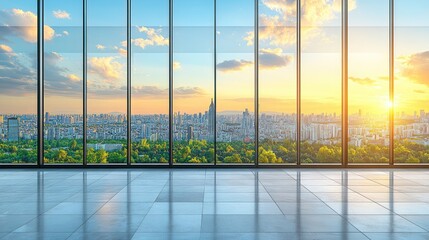 Fototapeta premium Sunset cityscape viewed through large windows in modern building.