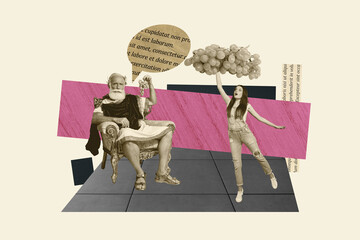 Trend banner art photo collage image of serious man rome emperor sit royal chair hold grape fruit astonished girl bubble speech