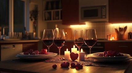 Romantic Valentine's dinner setup with wine glasses, candles, and soft lighting in a cozy kitchen