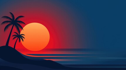 A radiant sun setting over a tropical beach, with palm trees silhouetted against the sky,
