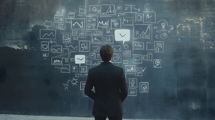 A man in a black suit is standing and thinking about his business plan, surrounded by various charts, graphs, and icons representing marketing concepts