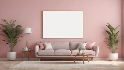 blank poster frame with bridgerton pink wall background, Mid Century Modern Living room