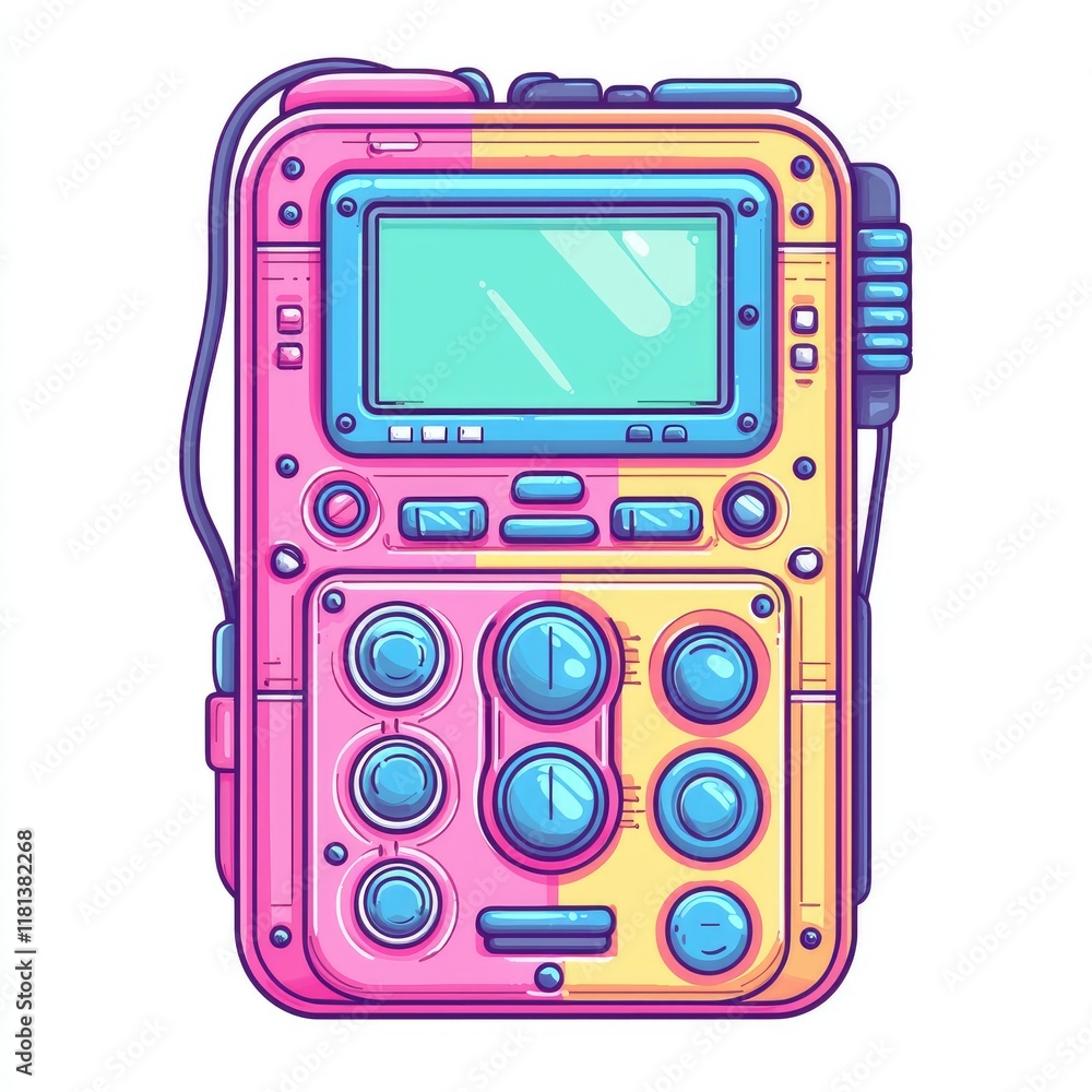 Poster Futuristic Retro Gadget: A Colorful Digital Device with a Modern Interface.  Vector Illustration of a Unique and Stylish Electronic Machine.