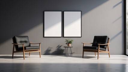 Black wall background with minimal chairs, and blank poster frame