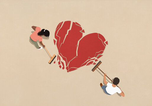 Couple with brooms sweeping up broken heart on beige background
