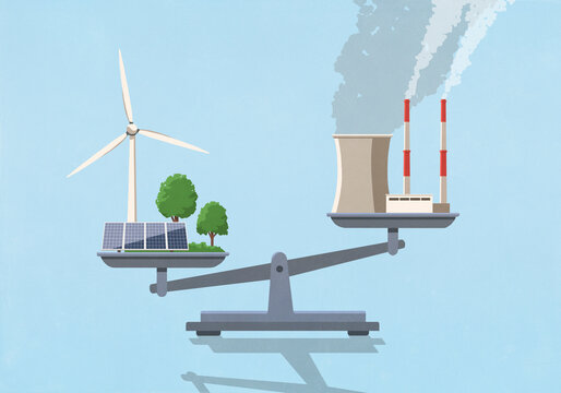 Green energy tipping scale with factory pollution on opposite end
