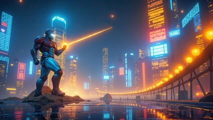 A man in a suit is standing on a rock in front of a city with neon lights