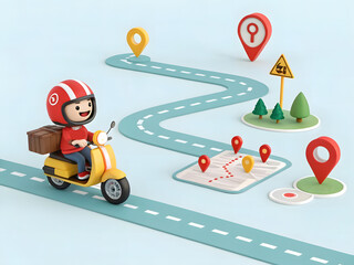 Rider drives his motorcycle along GPS with many pins in the city