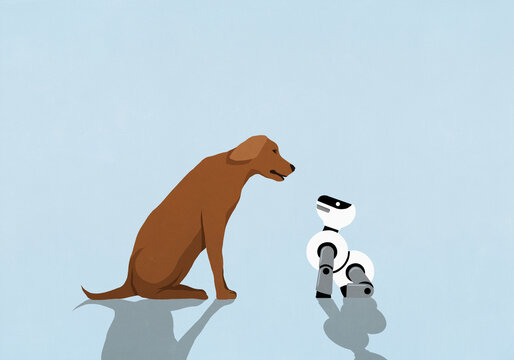 Curious dog looking at robot dog face to face on blue background
