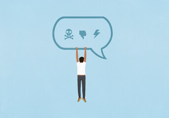 Man hanging from text message speech bubble with negative icons
