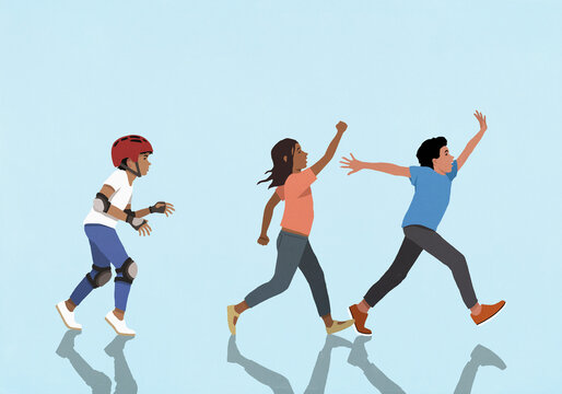 Boy in protective bicycle helmet and padding chasing friends
