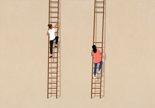 Women climbing different ladders, one with missing rungs
