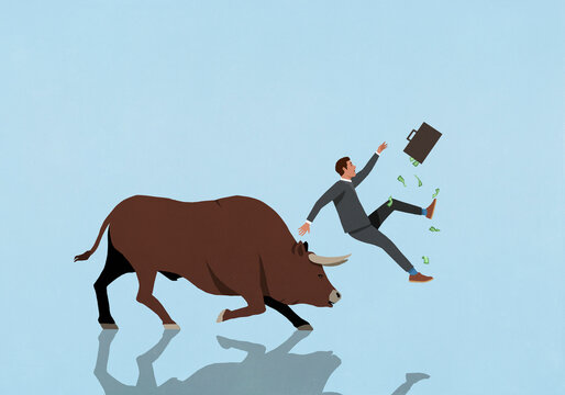 Bull with horns bumping businessman investor on blue background
