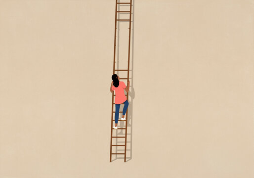 Woman climbing up ladder, looking up at missing rungs
