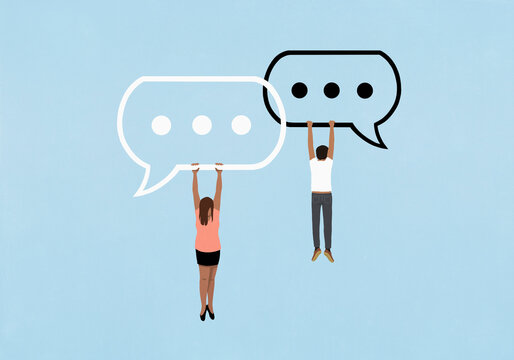 Man and woman hanging from ellipsis text message bubbles on blue background
