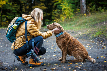 Woman stroking her chesapeake bay retriever during hike outdoors. Dog walking