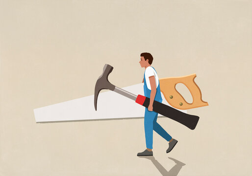 DIY man in overalls carrying large tools on beige background
