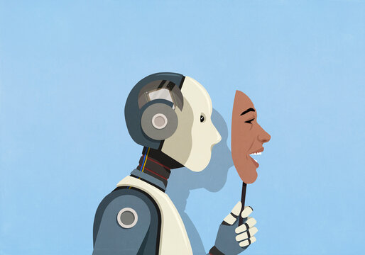 Robot hiding behind happy human face mask on blue background
