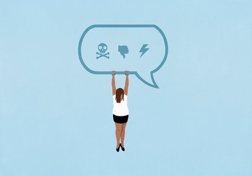 Young woman hanging dejectedly from text message bubble with negative icons
