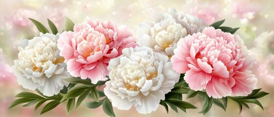 A beautiful arrangement of pink and white peonies against a soft, blurred background, showcasing delicate petals and lush green leaves.