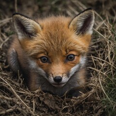 Fototapeta premium A newborn fox cub just opening its eyes.