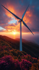 A close-up of a wind turbine during sunset, capturing the movement of the blades and the harmonious relationship between renewable energy and nature in a tranquil setting.