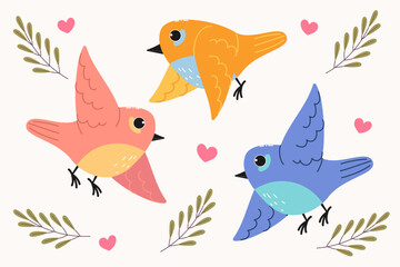 Set with different birds. Isolated hand drawn illustration.