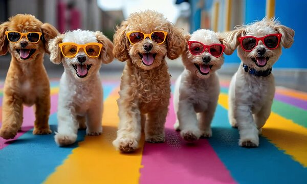 a group of poodle dog wear sunglasses walking in the nature