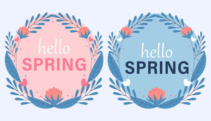 Hello spring greeting card invitation. Floral springtime hand drawn illustration.