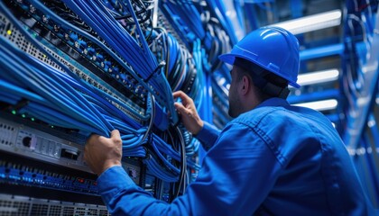 Network engineer at work in server room