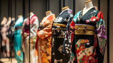 An Artful Composition of Kimonos Draped Elegantly on Mannequins in a Fashion Exhibition