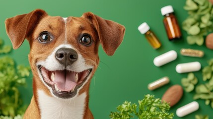 Happy Dog with Natural Supplements on Green Background
