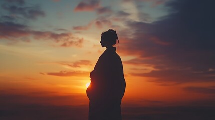A Beautiful Sunset Backdrop Showcasing the Silhouette of a Flowing Kimono-Covered Person