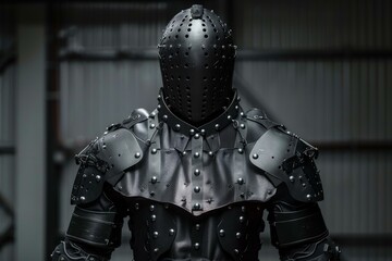 Futuristic warrior wearing full body armor and protective helmet, standing in a metallic environment